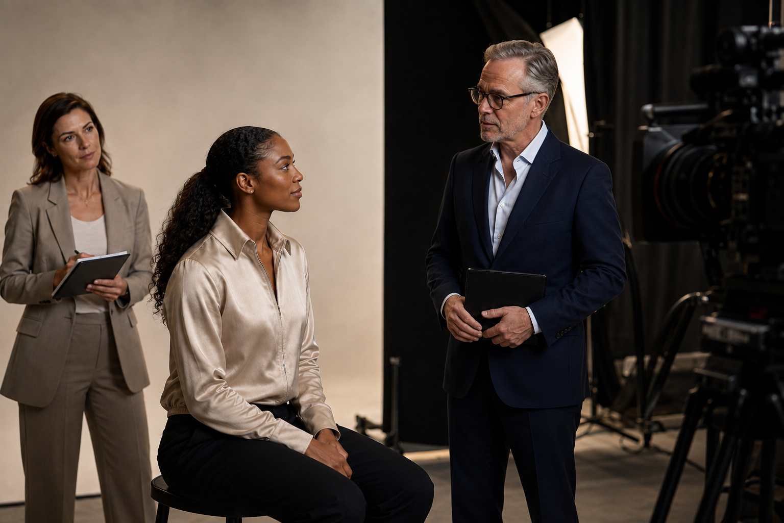 Une athlète reçoit des conseils personnels avant une séance photo, accompagnée de son équipe de management.