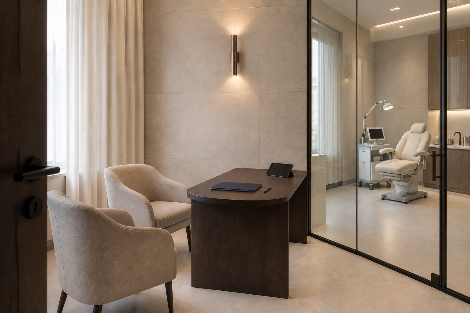 A quiet, private consultation room with a seating area and a separate examination area.
