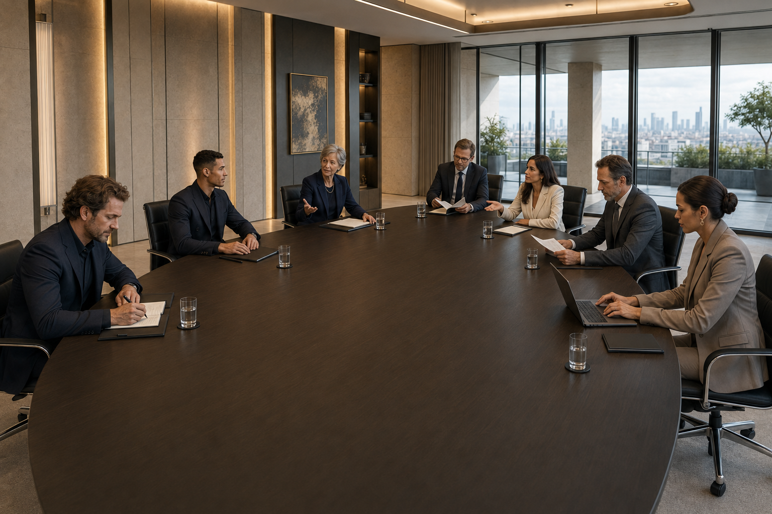 An athlete and his manager in a confidential meeting with two HPA specialists, representatives of a fashion brand, legal advisers and an insurer.