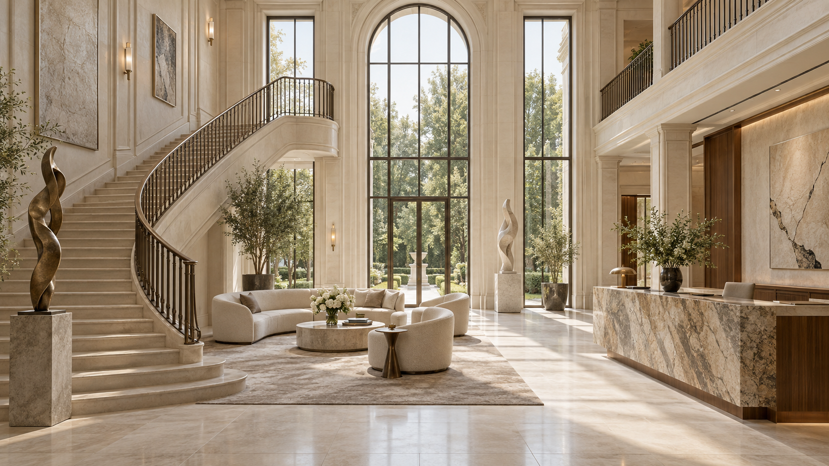 Bright reception area with natural stone, a curved staircase and a quiet seating area