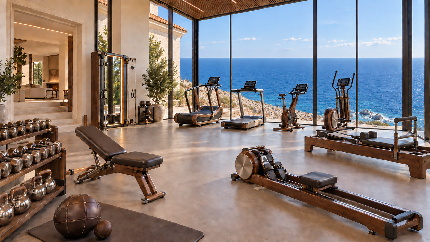 Light-filled exercise room with fitness equipment and sweeping sea views