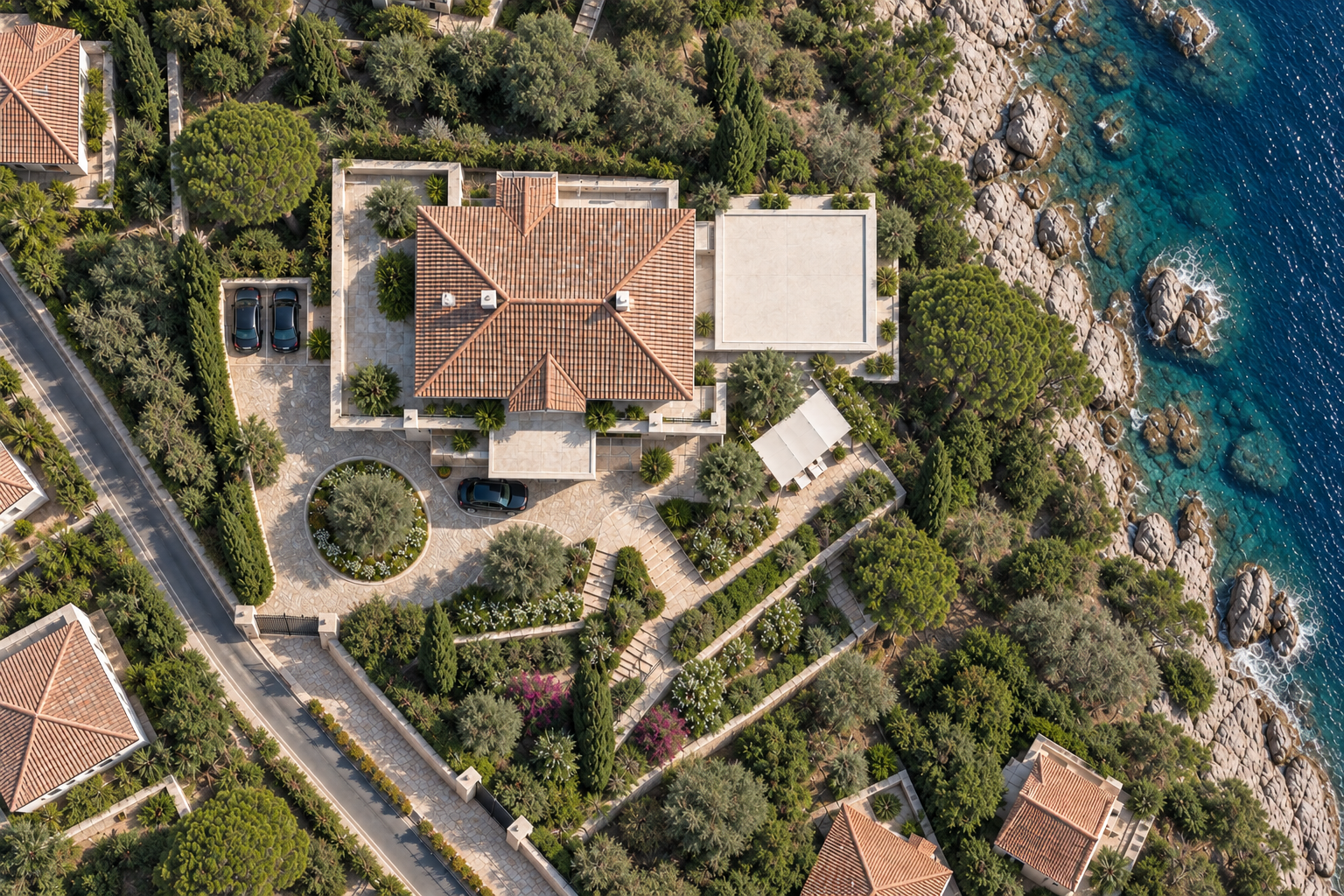 Bird’s-eye view of a villa on a rocky coast, surrounded by Mediterranean gardens