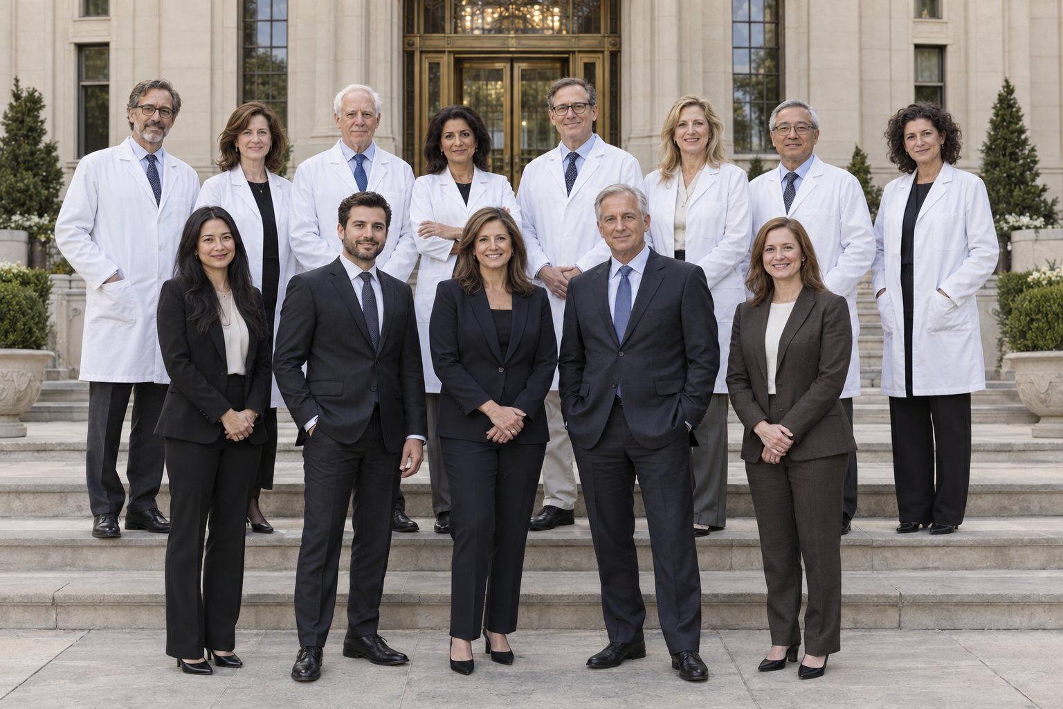 Medical team and personal care coordinators outside an elegant building