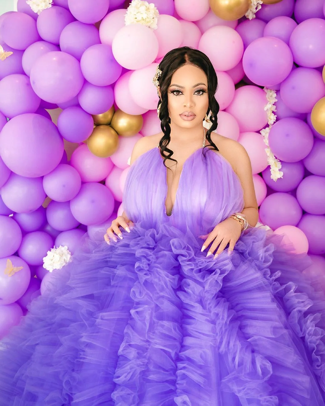 Nina Ivy in a purple evening gown; published for her 25th birthday on 31 May 2021.
